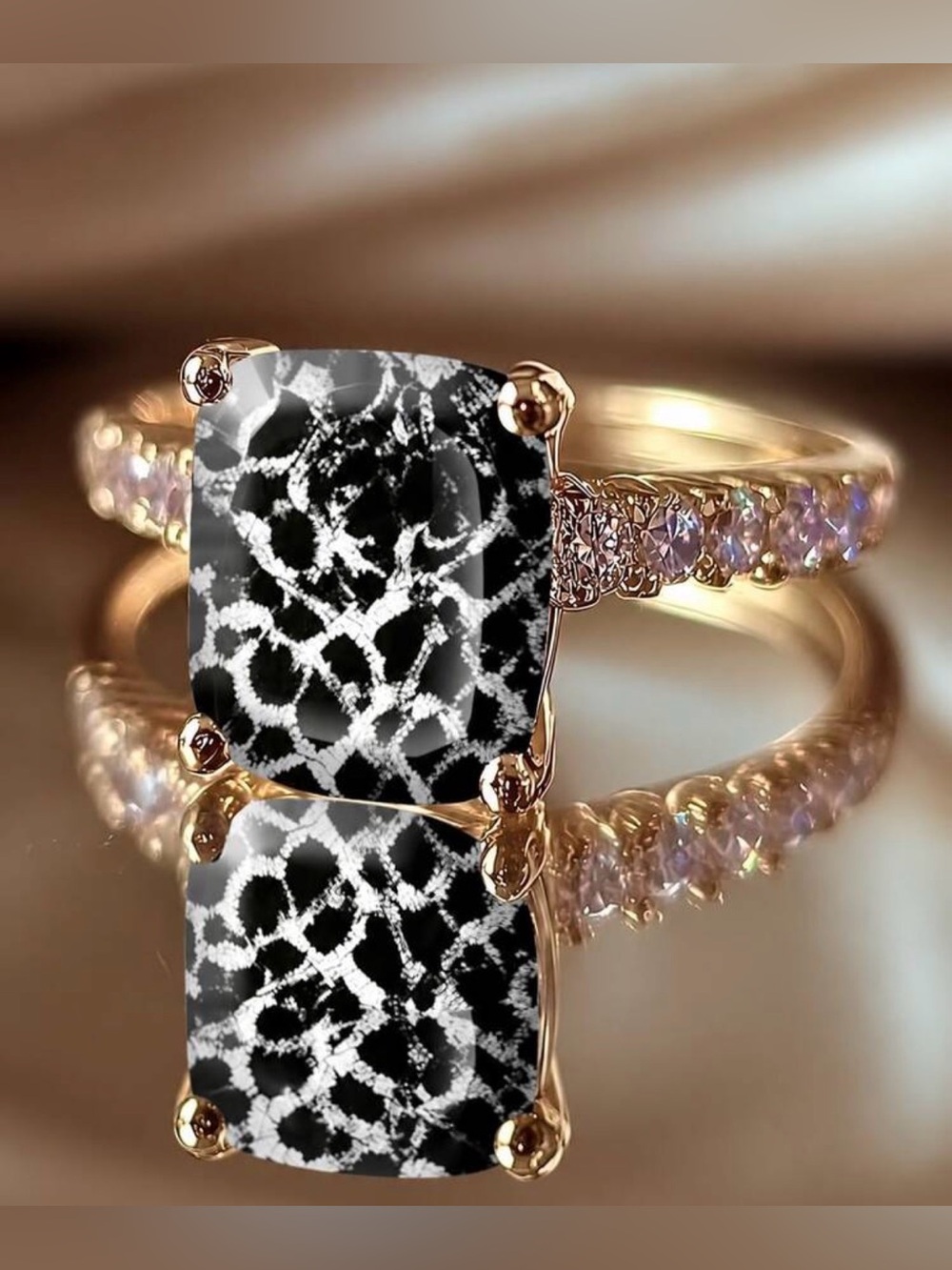Western Ring Gold Ring with Black & White Cow Patterned